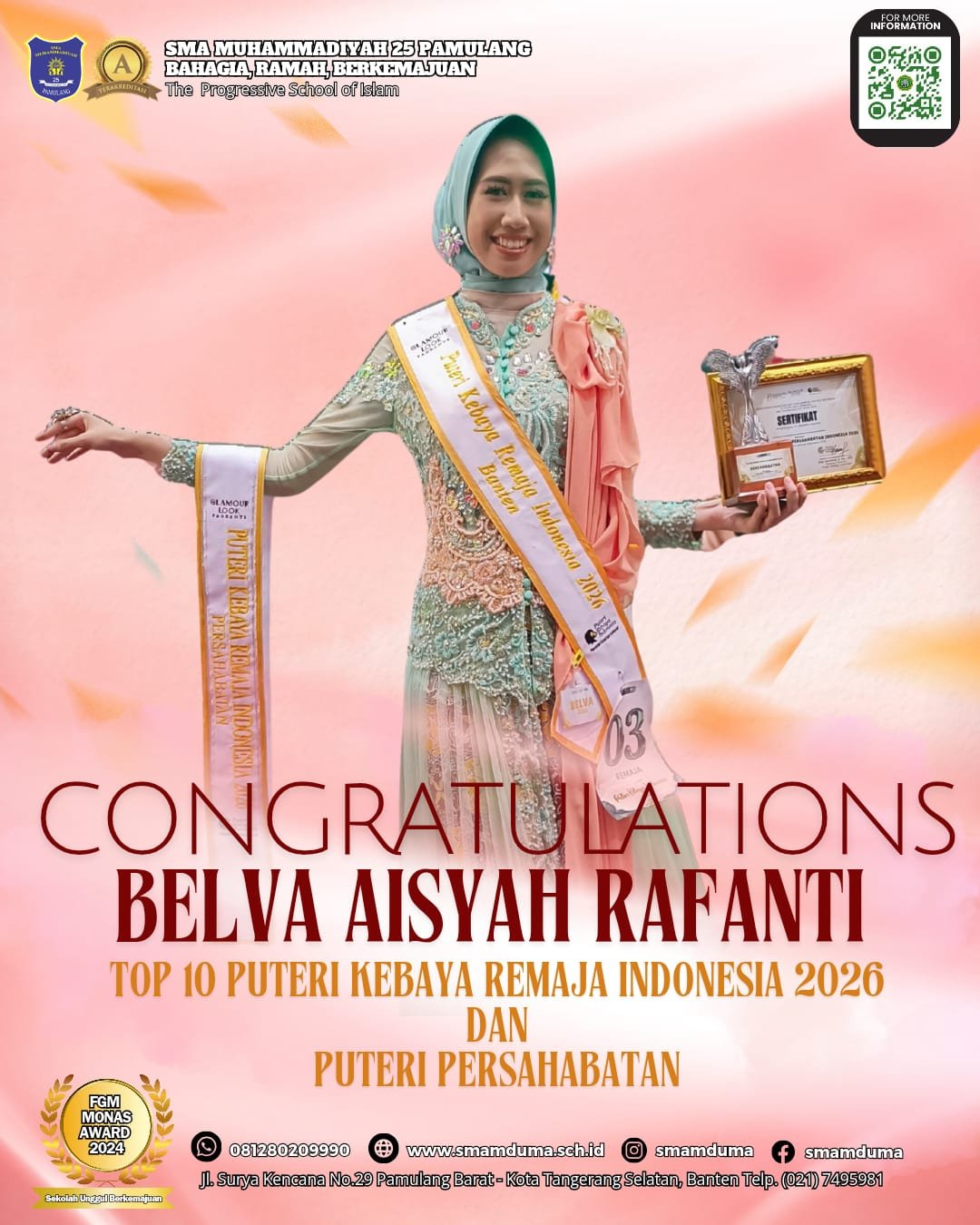 Membanggakan! Siswi SMAMDuma, Belva Aisyah Rafanti, Raih Top 10 Puteri Kebaya Remaja Indonesia 2026 dan Puteri Persahabatan